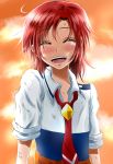  closed_eyes dirt eyes_closed hair_down hair_ornament hairclip hino_akane necktie open_mouth precure red_hair redhead school_uniform shogo_(4274732) sleeves_rolled_up smile smile_precure! solo tears twilight 