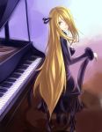  1girl arm_rest blonde_hair chair erect_nipples feather_boa fur_trim grey_eyes hair_ornament hair_over_one_eye highres instrument long_hair looking_back piano pokemon pokemon_(game) pokemon_dppt shirona_(pokemon) silver_eyes sitting smile solo sukumo_(kemutai) very_long_hair 