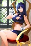  blue_eyes blue_hair breasts chair cleavage cleavage_cutout crossed_legs gloves highres holding large_breasts legs legs_crossed long_hair long_legs midriff miniskirt navel sitting skirt smile snowball22 solo sword_girls thighs whip 