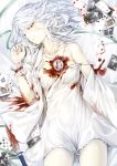  blood bloody_knife braid breasts card collarbone commentary dress geppewi izayoi_sakuya knife looking_at_viewer lying maid maid_headdress off_shoulder on_back playing_card pocket_watch silver_hair smile solo strap_slip touhou twin_braids watch white white_dress wrist_cuffs 