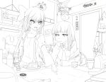  3girls cake food fujiwara_no_mokou gourd houraisan_kaguya inaba_tewi leaning_forward lineart magister_(bigbakunyuu) map mini-hakkero monochrome multiple_girls shanghai_doll spoon spoon_in_mouth touhou 