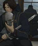  beard belt breath brown_eyes brown_hair buttons coat corvo_attano dishonored facial_hair gb_(doubleleaf) genmaipudding male mask reflection solo sword weapon window 
