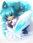 blue_eyes blue_hair bow cirno crystal_sword dress fang furea_(artist) hair_bow ice ice_wings open_mouth puffy_sleeves ribbon short_hair short_sleeves smile solo sword touhou weapon wings 