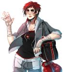  arm_wrap ayane_ninja bag bandage bandages bandaid boxing_gloves casual dead_or_alive dead_or_alive_5 duffel_bag freckles jewelry key mila_(dead_or_alive) mila_(doa) necklace nike open_hoodie red_eyes red_hair redhead short_hair shorts sleeves_rolled_up solo tank_top waving 