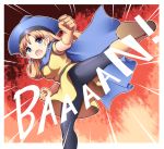  :o alena angry black_legwear blue_eyes boots brown_hair cape clenched_hand clenched_hands curly_hair dragon_quest dragon_quest_iv dress emphasis_lines gloves hat kamekichi_(kamekiti) kicking long_hair open_mouth orange_background pantyhose skirt solo upskirt yellow_dress 