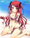  :3 absurdres barefoot bikini blush breasts caricature cleavage crab feet front-tie_top highres hinomiya_ayari ko~cha long_hair looking_at_viewer ocean off_shoulder paper_texture plaid plaid_bikini red_eyes red_hair redhead sand scan shiny shiny_skin side-tie_bikini signature sitting smile strap_slip swimsuit swimsuit two_side_up wariza windmill witch&#039;s_garden 