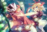  :d blonde_hair blue_eyes dress flying hair_ribbon hime03 medicine_melancholy open_mouth outstretched_arm ribbon short_hair smile solo su-san touhou wings |_| 
