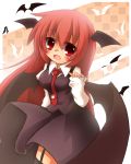  bat_wings fang furea_(artist) head_wings highres koakuma long_hair long_sleeves necktie open_mouth red_eyes red_hair redhead skirt smile solo thigh-highs thighhighs touhou wings 