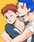  bad_id biting blue_hair blush ear_biting earrings emiya_shirou fate/stay_night fate_(series) hug jewelry lancer multiple_boys open_mouth orange_hair red_eyes setta_(tokinon) short_hair solo sweat yaoi yellow_background yellow_eyes 