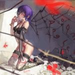  artist_name asymmetrical_clothes bell breasts candy elbow_gloves eyepatch garter_belt garter_straps gloves highres kneeling lollipop looking_at_viewer original pandegg purple_hair red_eyes short_hair solo thigh-highs thighhighs wings 
