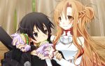  1girl asuna_(sao) black_eyes black_hair breastplate brown_eyes brown_hair couple detached_sleeves feeding fingerless_gloves gloves kirito kyouka_(kyokafactory) long_hair sandwich short_hair sword_art_online 