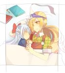  binbougami_ga! blanket blonde_hair blush book bow cast child closed_eyes eyes_closed hair_bow hair_over_one_eye highres hinagi_(fox_priest) long_hair messy_hair momiji_(binbougami_ga!) multiple_girls open_mouth sleeping sweatdrop triangular_headpiece 