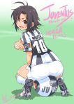  antenna_hair armband ass ball black_hair cleats clothes_writing dated from_behind idolmaster inoue_sora juventus_fc kikuchi_makoto kneehighs purple_eyes short_hair shorts signature sitting_on_object soccer soccer_ball soccer_uniform socks solo sportswear squatting violet_eyes wristband 