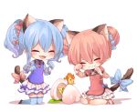  aihara_kaori animal_ears blue_hair blush bow braid cat_ears cat_tail chibi closed_eyes eyes_closed gloves kneeling momobako multiple_girls open_mouth original paw_pose red_hair redhead rojiko simple_background skirt tail thigh-highs thighhighs twintails white_background 