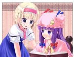  2girls a_(aaaaaaaaaaw) alice_margatroid blonde_hair blue_eyes blush book bow capelet chair crescent dress hair_bow hairband hand_on_shoulder hat long_hair multiple_girls open_mouth patchouli_knowledge purple_eyes purple_hair ribbon short_hair sitting smile sweatdrop touhou violet_eyes 