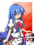  blue_hair bow dress furea_(artist) hinanawi_tenshi long_hair no_hat no_headwear red_eyes short_sleeves smile solo sword sword_of_hisou touhou weapon wink 