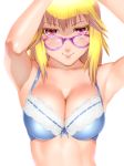 armpits arms_up bare_shoulders blonde_hair blue_bra bra breasts cleavage glasses lace_bra lips long_hair original red_eyes simple_background smile solo ueyama_michirou underwear white_background 
