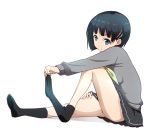  black_hair borupikka feet green_eyes hair_ornament hairclip highres kirigaya_suguha kneehighs no_shoes panties pantyshot removing_socks school_uniform serafuku short_hair skirt sock_pull solo sweater sword_art_online underwear 