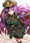  blush book boots bow breasts colored eyepatch gloves goma_azarasi hair_bow hair_ribbon hat highres jacket long_hair military military_uniform patchouli_knowledge purple_eyes purple_hair ribbon skirt solo sukage touhou uniform violet_eyes 