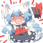  &gt;:3 &gt;_&lt; :&gt; :3 animal_ears blue_hair blush closed_eyes dog_ears dog_tail eyes_closed fang hat kamishirasawa_keine long_hair lowres open_mouth rebecca_(keinelove) solo tail touhou x3 