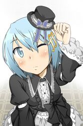  alternate_costume blue_eyes blue_hair gothic_lolita hair_ornament hairclip hat highres lolita_fashion mahou_shoujo_madoka_magica mahou_shoujo_madoka_magica_movie miki_sayaka mini_top_hat nonone_(the9thxsheep) short_hair solo top_hat wink 