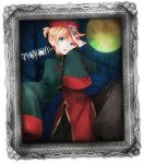  blonde_hair blue_eyes chinese_clothes hat jiangshi kagamine_len moon ofuda open_mouth picture_frame short_hair solo tama_(songe) traditional_clothes vocaloid 