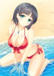  arm_support bikini black_hair blush bracelet breasts cleavage front-tie_top green_eyes highres jewelry kirigaya_suguha large_breasts looking_at_viewer partially_submerged pasdar pendant red_bikini shiny shiny_skin short_hair sitting smile solo swimsuit sword_art_online wariza water 