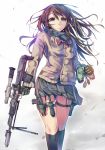  binoculars bipod blue_eyes brown_hair bullpup cardigan daito dragunov_svu explosive gun hair hair_ornament hairclip holster kneehighs knife long_hair mp443 original plaid plaid_scarf rifle scarf scope skirt sniper_rifle solo sound_suppressor sweater thigh_holster thighband trigger_discipline walking weapon wind 