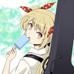  blonde_hair brown_eyes character_request guitar_case hair_ribbon haniwa_(leaf_garden) instrument_case long_hair looking_back open_mouth original popsicle ribbon solo twintails 
