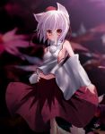  animal_ears bare_shoulders breasts detached_sleeves hand_on_hip hat highres inubashiri_momiji kogart midriff navel no_bra red_eyes short_hair silver_hair skirt smile solo tokin_hat touhou wide_sleeves wolf_ears 