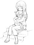  barefoot_sandals capri_pants child closed_eyes copyright_request crying eyes_closed gebyy-terar hair_bobbles hair_ornament highres lineart long_hair monochrome mother_and_daughter multiple_girls sandals short_twintails tears twintails 
