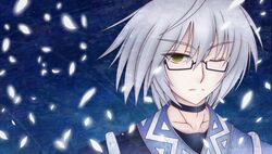  choker glasses ko_torii leaf looking_at_viewer morichika_rinnosuke silver_hair touhou wind wink 