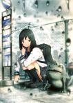  absurdres bag black_eyes black_hair blurry bus_stop depth_of_field fence frog highres kinniku1234 kneehighs loafers onsen_(artist) original puddle rain school_uniform serafuku shoes skirt solo squatting statue transparent_umbrella umbrella water_drop 