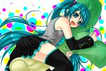  aqua_eyes aqua_hair detached_sleeves hatsune_miku kotobuki0101 long_hair open_mouth skirt solo spring_onion straddle thigh-highs thighhighs twintails very_long_hair vocaloid 