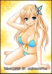  arm_support bikini blonde_hair blue_eyes blush boku_wa_tomodachi_ga_sukunai breasts butterfly_hair_ornament cleavage front-tie_top hair_ornament kashiwazaki_sena large_breasts long_hair looking_at_viewer navel nightmare77zx side-tie_bikini sitting smile solo swimsuit 
