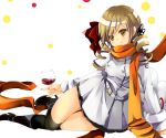  alternate_costume arm_support bad_id black_legwear blonde_hair blush boots bow coat cup drill_hair gouda_nagi hair_bow hair_ornament kyubey mahou_shoujo_madoka_magica scarf smile thigh-highs thighhighs tomoe_mami twin_drills wine wine_glass yellow_eyes zettai_ryouiki 