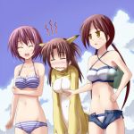  animal_ears bikini breasts brown_hair closed_eyes cloud clouds costume denim denim_shorts eyes_closed infinite_stratos long_hair midriff multiple_girls navel nohotoke_honne open_mouth shorts sky smile sweatdrop swimsuit tanimoto_yuzu toshihiro twintails yellow_eyes yorutake_sayuka 