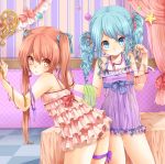  aihara_kaori bare_shoulders bed blue_eyes blue_hair blue_panties blush bow clothes_hanger collarbone cover_art cover_image dress frills highres holding lingerie long_hair looking_at_viewer momo_bako momobako multiple_girls negligee original panties pantsu pink_eyes pink_hair pink_panties ribbon rojiko star thigh_ribbon thigh_strap twintails underwear 