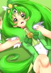  angelo_(gomahangetsu) blush cure_march green green_background green_eyes green_hair long_hair looking_at_viewer lying magical_girl midorikawa_nao on_back open_mouth precure smile_precure! solo very_long_hair 