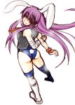  animal_ears ass back boots breasts bunny_ears bunny_tail gloves leotard long_hair mabuchoco_m purple_hair rabbit_ears red_eyes reisen_udongein_inaba smile solo tail touhou very_long_hair vest wrestling_outfit 