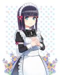  apron blue_eyes bow flower hair_bow hands_together libert long_hair maid maid_headdress original purple_hair smile solo 