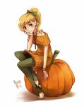  1girl bangs bare_shoulders barefoot blonde_hair bow bracelet chin_rest food food_themed_clothes fruit full_body green_eyes hair_bow jewelry long_hair looking_at_viewer meago necklace original personification ponytail pumpkin rough sitting smile solo sweater swept_bangs toeless_legwear white_background 
