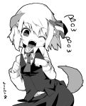  ;d animal_ears blush dog_ears dog_tail highres kemonomimi_mode looking_at_viewer monochrome necktie open_mouth rumia shamo_(koumakantv) short_hair skirt smile solo tail touhou translated translation_request white_background wink 