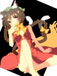  alternate_hairstyle animal_ears bad_feet barefoot bottomless bow braid brown_hair cat_ears cat_tail chen china_dress chinese_clothes error haruyonoto hat highres jewelry long_hair looking_at_viewer multiple_tails no_panties red_eyes single_braid single_earring sitting solo tail teenage touhou twin_braids 