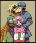  2boys :d blonde_hair born_free brown_background cape closed_eyes dragon_quest dragon_quest_ii eyes_closed goggles hand_on_shoulder hat helmet kiss long_hair multiple_boys open_mouth prince_of_lorasia prince_of_samantoria princess_of_moonbrook purple_hair red_eyes smile spiked_hair spiky_hair yaoi 