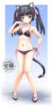  :o alternate_hairstyle animal_ears bell bikini black_hair blue_eyes blush cat_ears cat_tail character_name gokou_ruri gradient gradient_background hair_ribbon heart highres long_hair mao9721 mao_(6r) mole navel ore_no_imouto_ga_konna_ni_kawaii_wake_ga_nai ribbon sandals solo swimsuit tail tail_bell twintails 