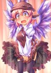  animal_ears black_legwear blush dress fun_bo hat musical_note mystia_lorelei open_mouth pink_hair short_hair solo symbol-shaped_pupils tears thigh-highs thighhighs touhou wind_lift wings yellow_eyes 