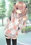  ;3 argyle bag black_legwear blush brown_hair hand_in_pocket long_hair looking_at_viewer miyoshino original pink_eyes solo thigh-highs thighhighs tree waving wink 