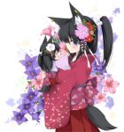  :d ^_^ animal_ears black_hair blush child closed_eyes earrings eyes_closed flower fox_ears fox_tail hair_flower hair_ornament haru_(artist) holding japanese_clothes jewelry kimono long_hair mole multiple_girls obi open_mouth original outstretched_arms ponytail purple_eyes smile tail violet_eyes white_background 