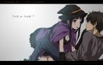  1girl all_fours black_hair blush breasts chitanda_eru cleavage eye_contact gloves halloween hat hyouka long_hair looking_at_another oreki_houtarou purple_eyes rito453 short_hair translated trick_or_treat violet_eyes witch_hat 